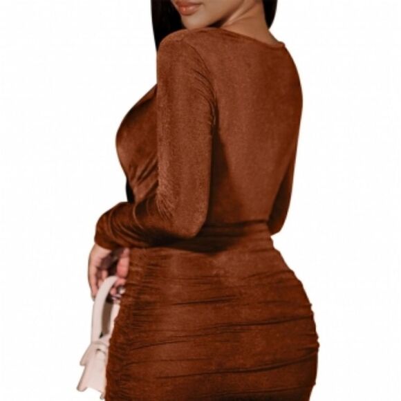 Coffee Long Sleeve Halter V-Neck Silk Bodycon Mini Dress sz Medium - Picture 3 of 14
